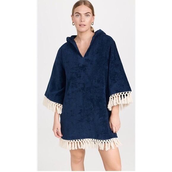 NWT S.E.A. NY Nautical Coverup Navy Blue with Fringe Hooded Large - Picture 9 of 9
